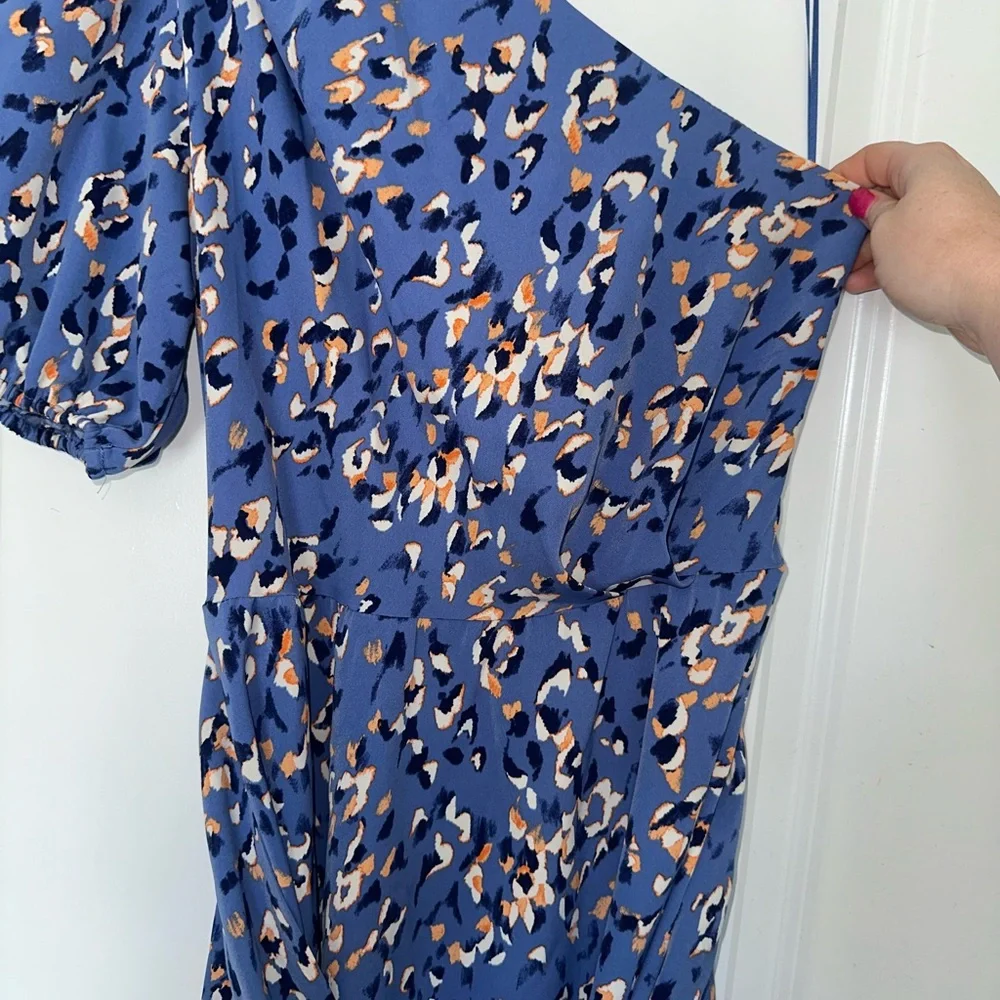 Nine West Stylish Blue and Coral Patterned One Shoulder Ballon Sleeve Mini Dress - Picture 7 of 9